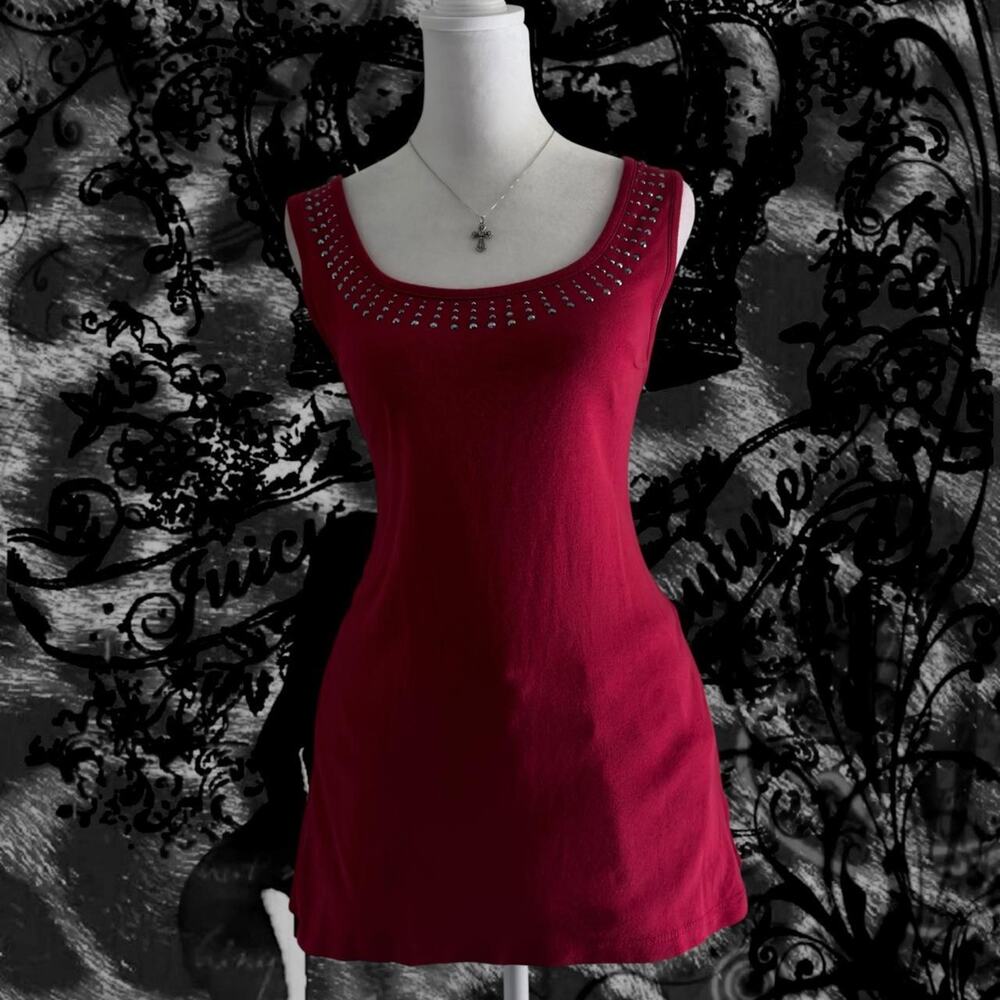dark rhinestones embellished ribbed red glam mcbling tank top